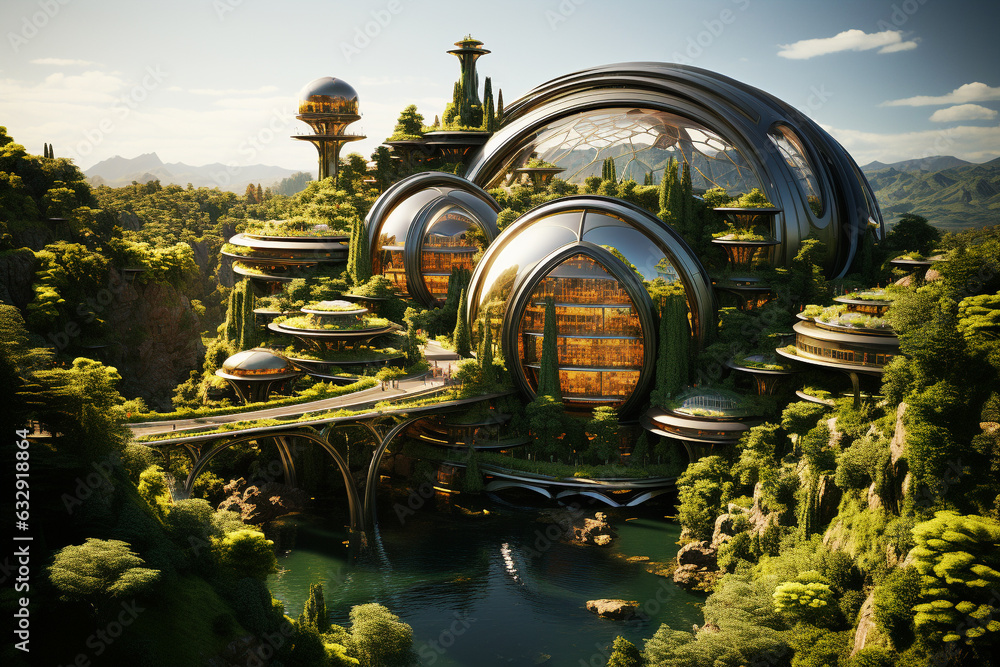 Green eco friendly  futuristic city with sustainable and renewable energy, environment and technology concept, generative AI
 - obrazy, fototapety, plakaty 