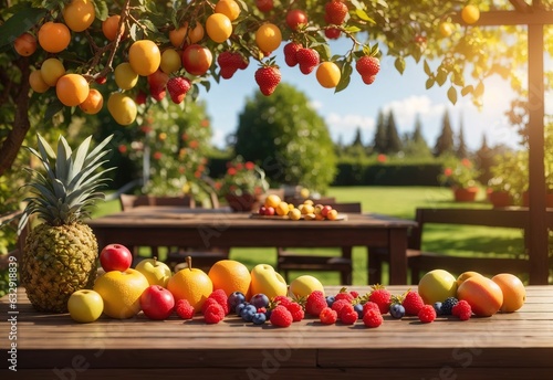 A wooden table with fruit on the right and copy space on the left, garden on the background