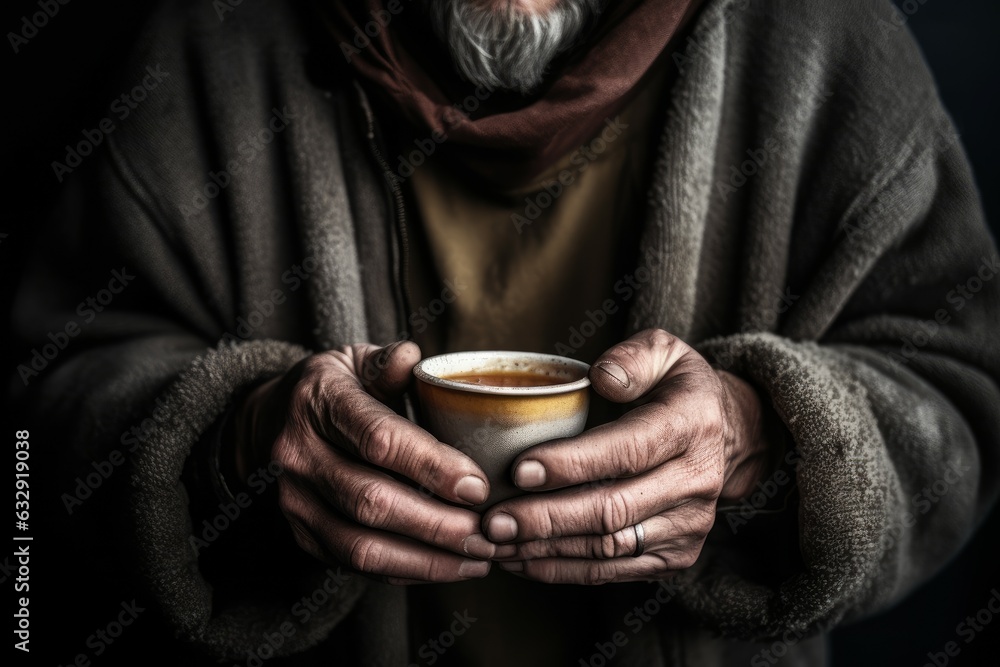 Homeless man hands food. Generate Ai Homeless man hands food. Generate Ai