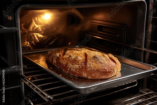 gluten-free bread baking in an oven with a golden crust