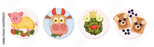 Food for Kids on Plates Serving Ideas Top View Vector Set