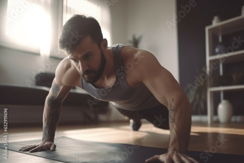 Man morning fitness push ups. Generate Ai