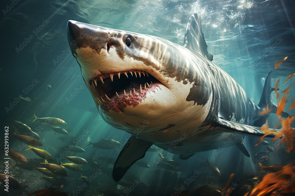 Obraz premium Megalodon shark, prehistoric sea creature, predator of pliocene, extinct species, generative AI 