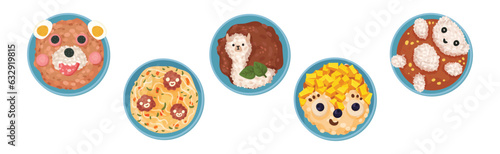 Food for Kids on Plates Serving Ideas Top View Vector Set