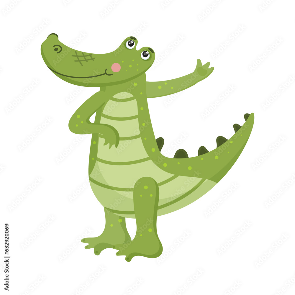 Fototapeta premium Cartoon alligator, smiling childish crocodile, reptile animal, zoo, comic, jungle, green, cute happy character, wild friendly toy. Isolated on white background. Vector illustration.