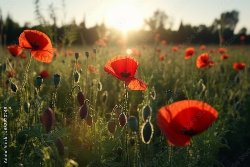 Obraz premium Red poppy flowers field. Generate Ai