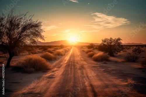 A beautiful photographic image of a path leading to a sunset. Generative AI.