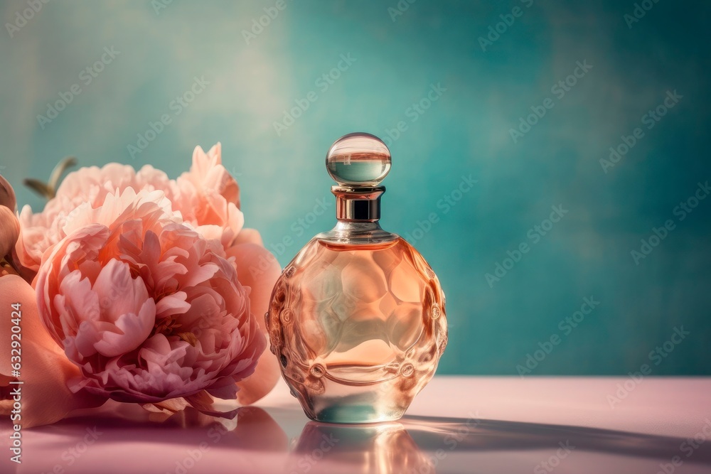 Perfume glass bottle for women. Advertising mockup. Generative AI. Perfume glass bottle for women. Advertising mockup. Generative AI.