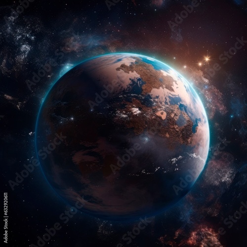 Planet earth in the background of the universe, photorealistic. Generative AI. © Agustin