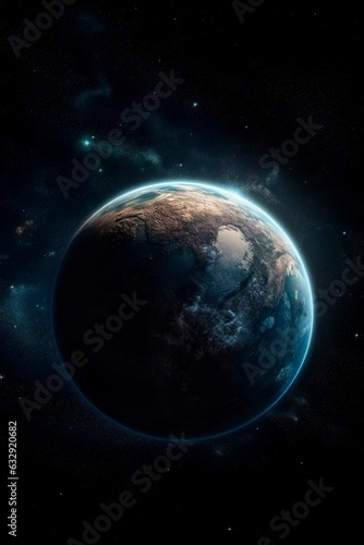 Planet earth in the background of the universe, photorealistic. Generative AI. © Agustin