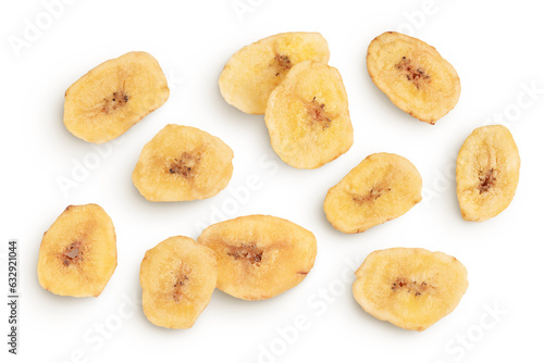 Dried banana chips isolated on white background with full depth of field. Top view. Flat lay