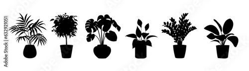 Set, collection of houseplant silhouettes, leaf, plant, pot. Floral decoration. Home, house flower. Interior design, indoor blossom. Isolated on white background. Vector illustration.