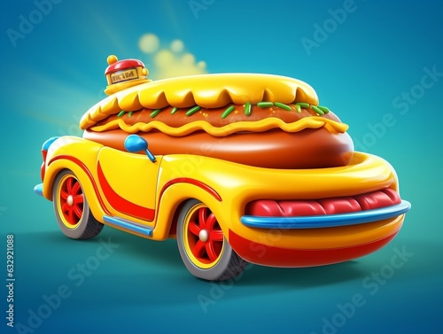 3D Fast Food Hot Dog Delivery truck street food festival symbol with hot dog in cartoon style generative ai