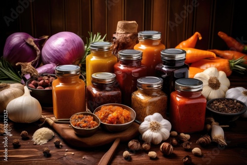 Fototapeta Naklejka Na Ścianę i Meble -  variety of bbq sauces and spices with grill background