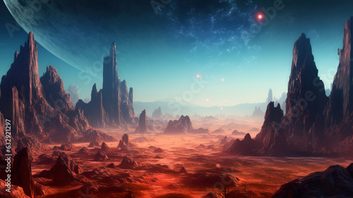 Retro futuristic Sci-fi wallpaper. Alien planet landscape. Breathtaking panorama of a desert planet with strange rock formations against background of beautiful sky with clouds.