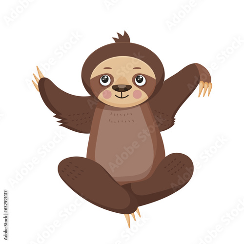 Cute cartoon character. Funny animal. Bear  mammal. Slow sloth. Childish art. Wildlife decorative beast. Fluffy brown sloth. Adorable drawing. Isolated on white background. Vector illustration