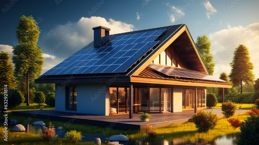 House with solar panels on the roof. Sustainable and clean energy at home House with solar panels on the roof. Sustainable and clean energy at home