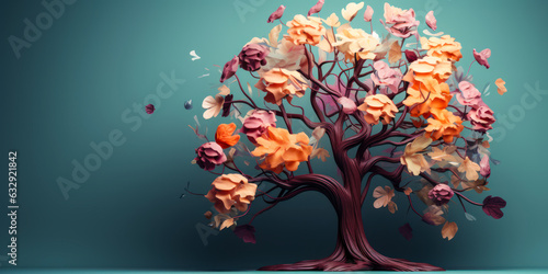 Brain Tree with Flowers: Mental Health and Self-Care Concept