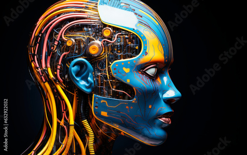 Vibrant Neon Neural Network: Side View of Humanoid Head with AI