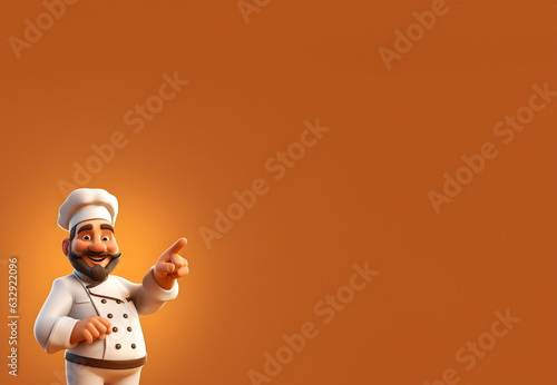 personnage cartoon représentant un chef cuisinier, il montre quelque chose du doigt