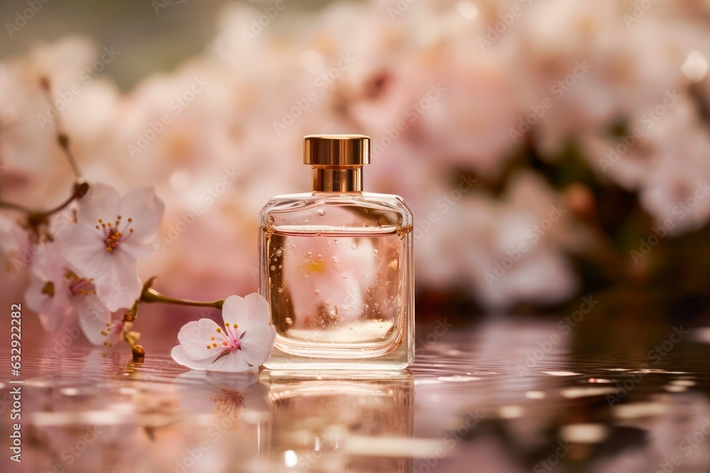 Perfume glass bottle for women. Advertising mockup. Generative AI. Perfume glass bottle for women. Advertising mockup. Generative AI.