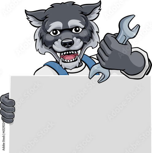 A wolf handyman, mechanic, plumber or other construction cartoon mascot man holding a wrench or spanner tool.