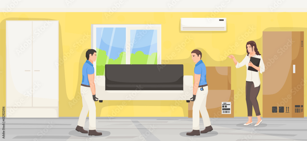 Handyman holding sofa, moving couch into flat, furniture delivery, house renovation, indoor interior, apartment, people, room, service, relocation, package, transportation. Vector illustration.