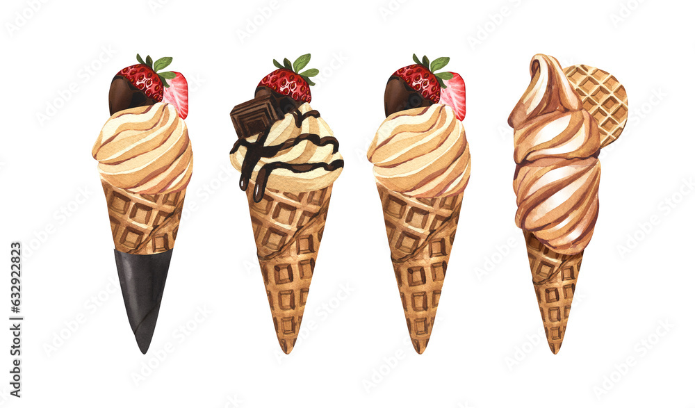 Watercolor dessert set, soft ice cream waffle cone with cookie and strawberry. Hand-drawn illustration isolated on white background. Perfect food menu, design packing, bakery shop, cooking, tea party. Watercolor dessert set, soft ice cream waffle cone with cookie and strawberry. Hand-drawn illustration isolated on white background. Perfect food menu, design packing, bakery shop, cooking, tea party.