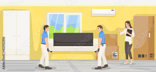 Handyman holding sofa, moving couch into flat, furniture delivery, house renovation, indoor interior, apartment, people, room, service, relocation, package, transportation. Vector illustration.
