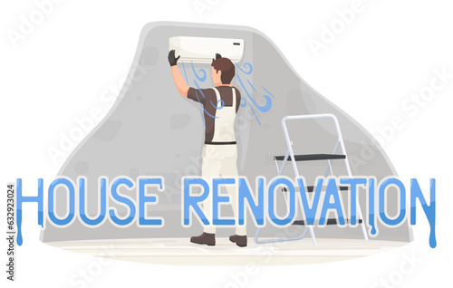 Air conditioner installing, professional service, maintenance, man, worker, engineer, home renovation, technician, repairman, technology, climate control. Vector illustration.