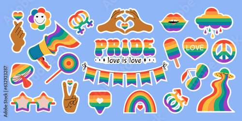 Large set of LGBT stickers on a blue background. Symbol of the LGBT pride community. LGBT flat style icons and slogan collection. Rainbow elements.