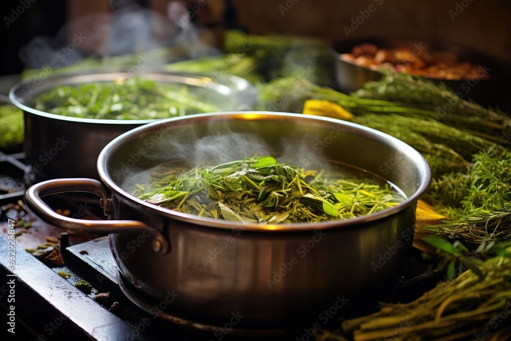 aromatic herbs being steamed for home spa treatment aromatic herbs being steamed for home spa treatment