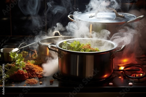 steamer in action, steam rising from pot on stove photo