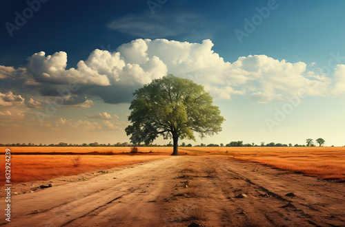 Landscape, a lonely tree in a field during a dry season.