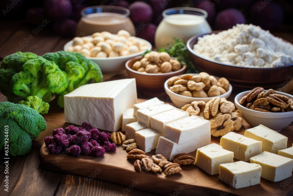 row of vegan protein sources: legumes, nuts, seeds, and tofu row of vegan protein sources: legumes, nuts, seeds, and tofu