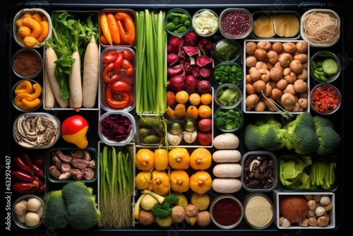 top view of a well-organized vegan fridge