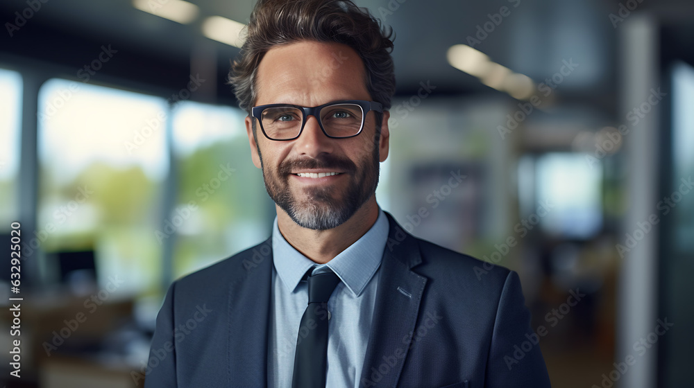 Fototapeta premium Middle aged businessman, confident businessman standing in front of office, smiling at camera. Created with Generative AI technology.
