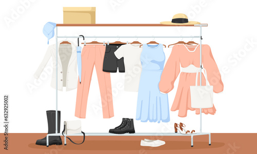 Woman dressing room interior, home design, fashion clothes, hanger. Pink, blue dress, white jacket, shoes, boots, hat, shorts, cap. Girl accessory, modern apartment. Vector illustration.