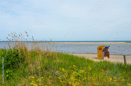 Fototapeta Naklejka Na Ścianę i Meble -  View of the coast at Gollwitzer Strand. Natural beach near Gollwitz in the nature reserve on the island of Poel. Landscape on the Baltic Sea at the beach with beach chairs.
