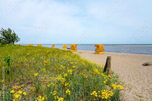 Fototapeta Naklejka Na Ścianę i Meble -  View of the coast at Gollwitzer Strand. Natural beach near Gollwitz in the nature reserve on the island of Poel. Landscape on the Baltic Sea at the beach with beach chairs.
