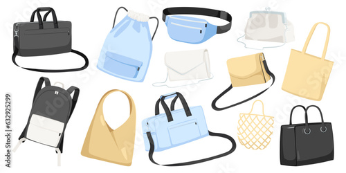Various bag collection, set of fashion handbag, handle object, element, leather, cartoon, black rucksack, blue purse. Isolated on white background. Vector illustration.