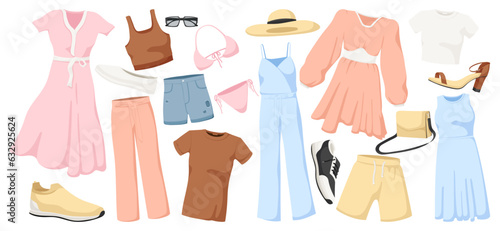Fashion summer woman clothes collection. Female set. Dress, hat, clothing, wear, cartoon, shoes, casual stylish outfit, shorts, pants, footwear. Isolated on white background. Vector illustration.