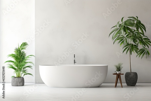 Minimalist and modern interior design of bathroom with white bath tub and house plants
