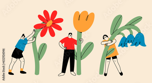 Various people with a giant Flowers. Young person holding flower. Cute funny isolated characters. Cartoon style. Hand drawn Vector illustration. Flower delivery service, florist, botanical concept