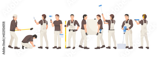 Collection of workers, house renovation, handyman, professional craftsman, roller, engineer, uniform, equipment, builder, tool, repairman. Isolated on white background. Vector illustration.