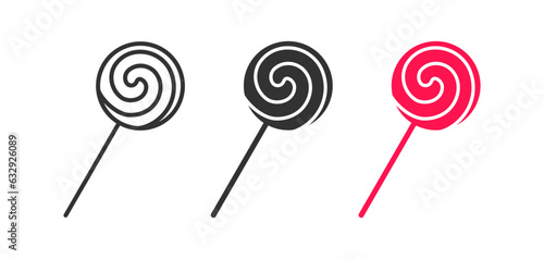 Candy icon. Lollipop signs. Sweet symbol. Caramel swirl symbols. Dessert stick icons. Black, pink color. Vector isolated sign.