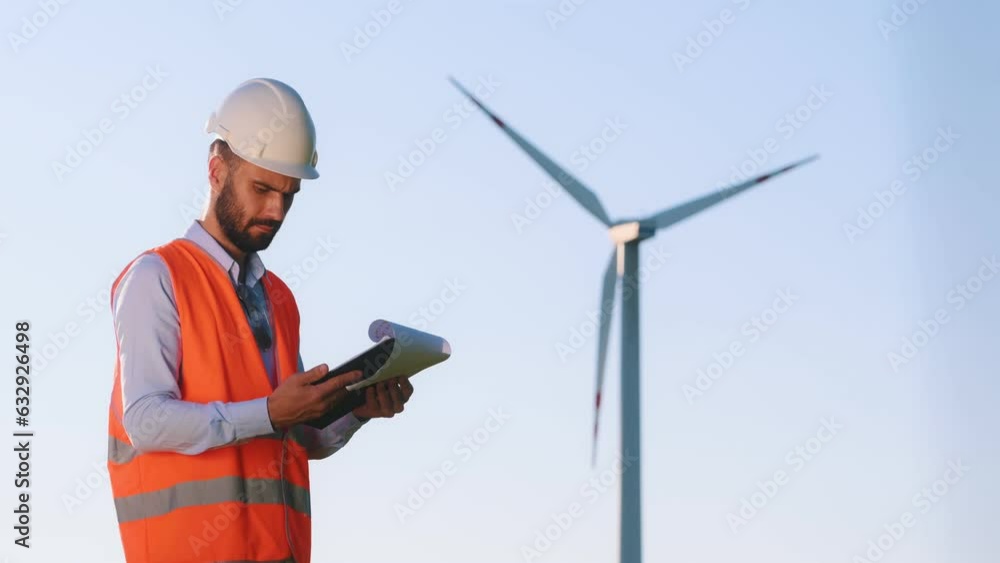 Reading the documents. Service engineer is on the field with windmills. Reading the documents. Service engineer is on the field with windmills.