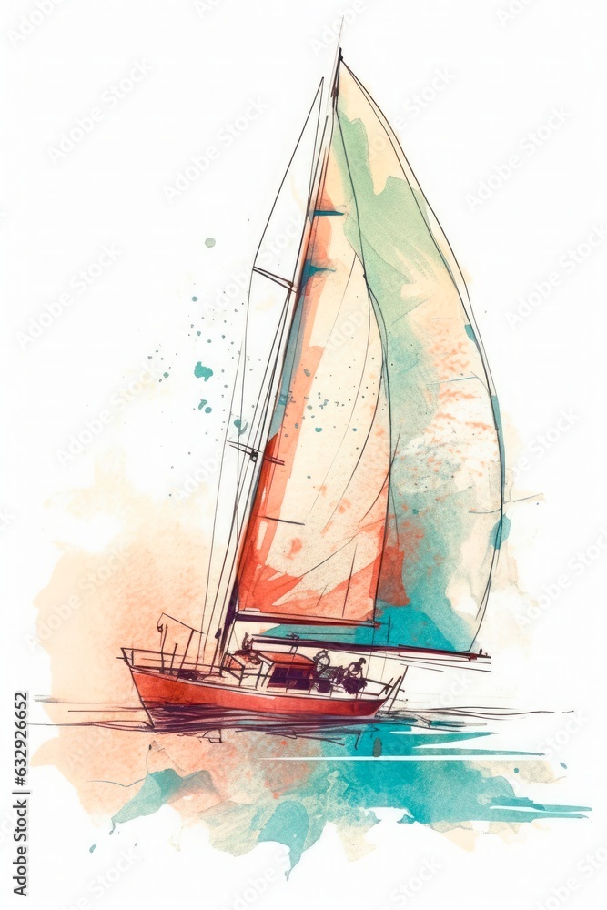 Abstract drawing of sailboat in the sea in color, on white background. Generative AI.