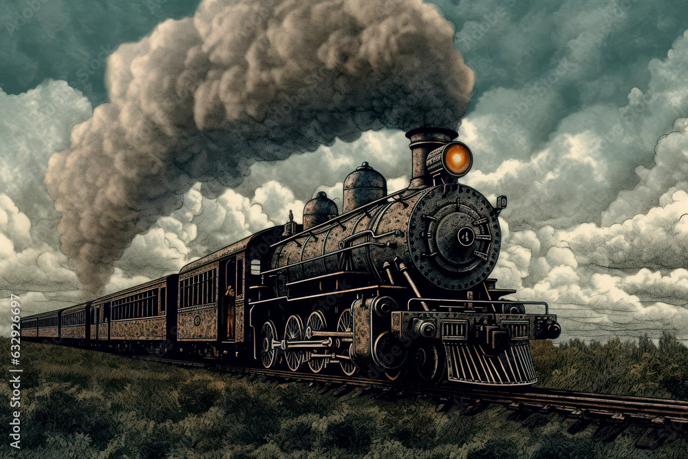 An old-fashioned steam locomotive puffs along the tracks. Generative AI. An old-fashioned steam locomotive puffs along the tracks. Generative AI.