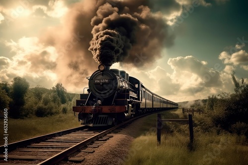 An old-fashioned steam locomotive puffs along the tracks. Generative AI. photo